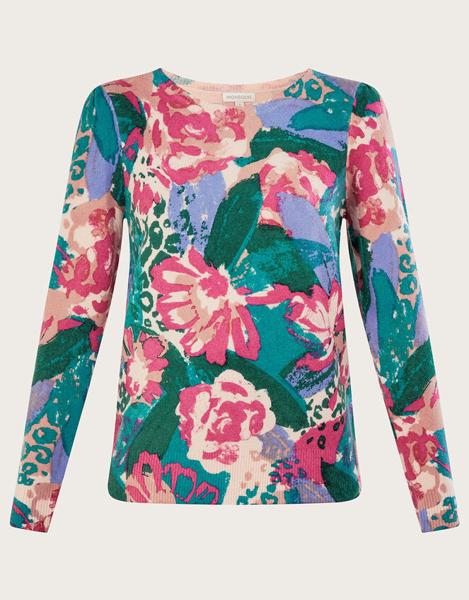 Floral Print Scallop Slash Neck Jumper, Pink (PINK), large