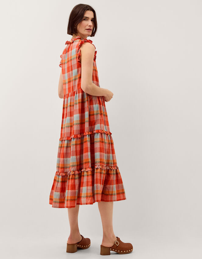Cecily Check Print Tiered Midi Dress Orange