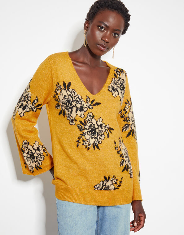 Jess V-Neck Floral Jacquard Jumper, Yellow (OCHRE), large