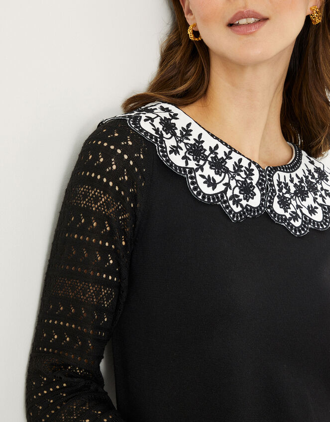 Woven Stitch Contrast Collar Jumper in Recycled Polyester, Black (BLACK), large