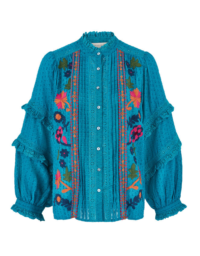 East Embroidered Ruffle Sleeve Blouse, Green (GREEN), large