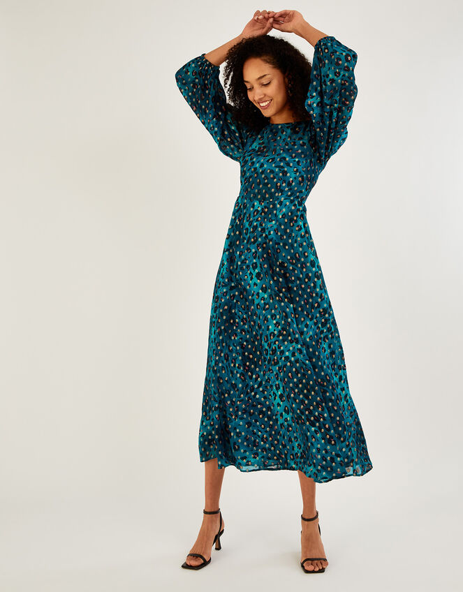Leonella Animal Print Midi Dress in Sustainable Viscose Teal | Evening  Dresses | Monsoon UK.