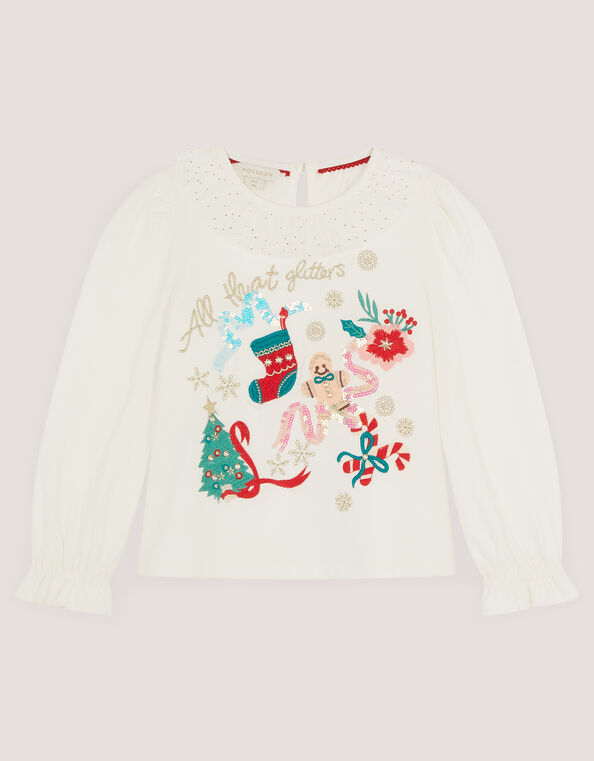 Embellished Christmas Long Sleeve Top, Ivory (IVORY), large