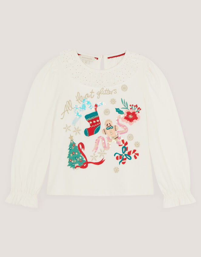 Embellished Christmas Long Sleeve Top, Ivory (IVORY), large