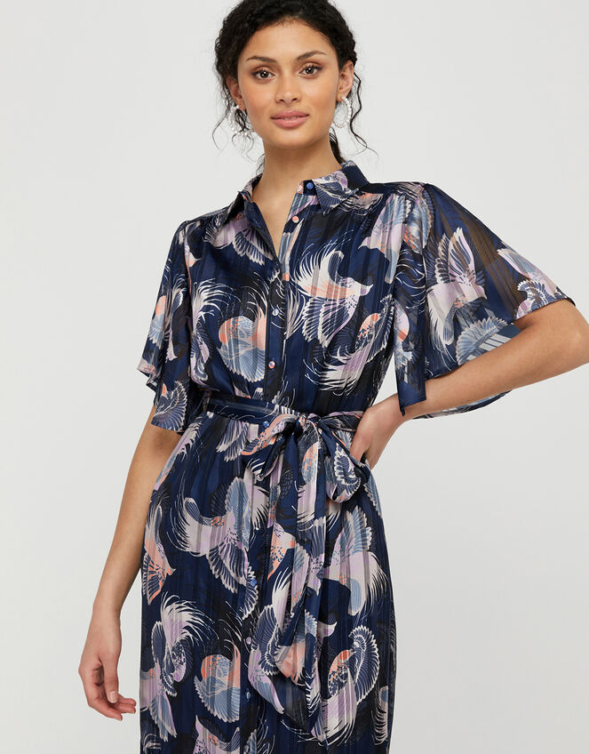 Birdie Print Burnout Pleated Shirt Dress, Blue (NAVY), large