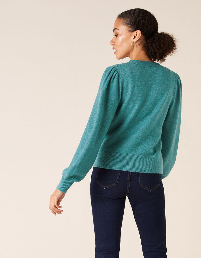 Blouson Sleeve Cardigan with Recycled Fabric, Green (GREEN), large
