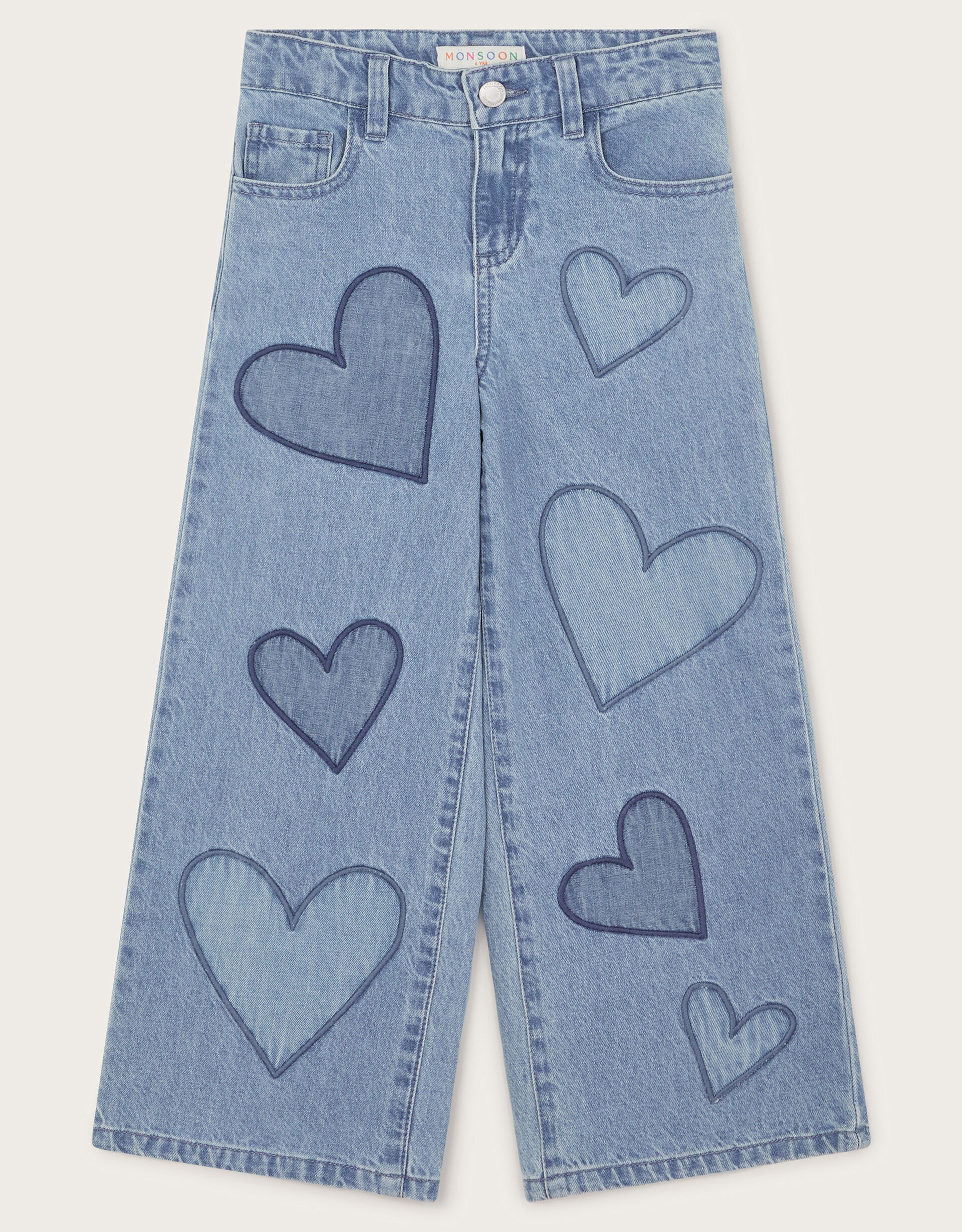Heart Embroidered Wide Leg Jeans Blue | Girls' Trousers & Leggings