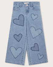 Heart Embroidered Wide Leg Jeans, Blue (BLUE), large