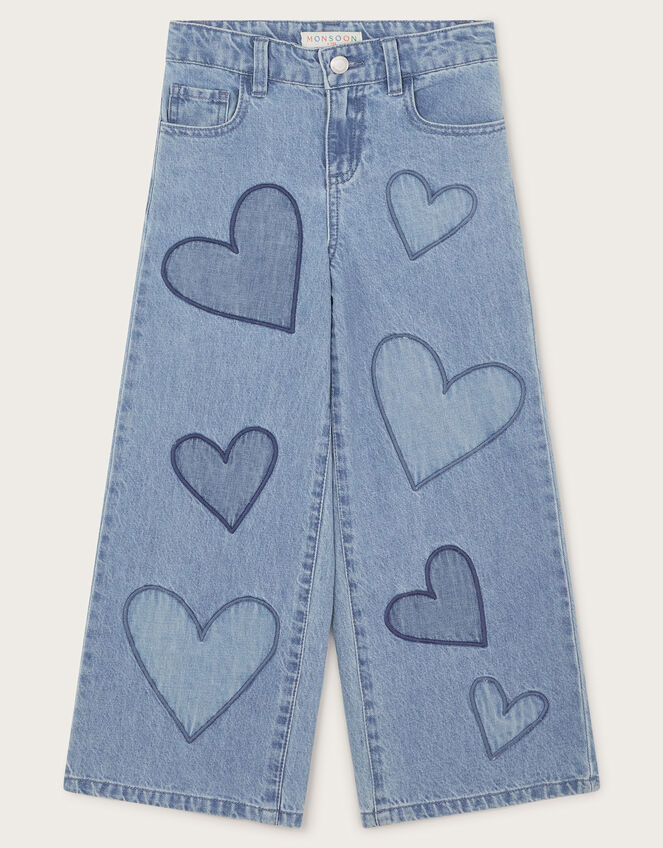 Heart Embroidered Wide Leg Jeans, Blue (BLUE), large