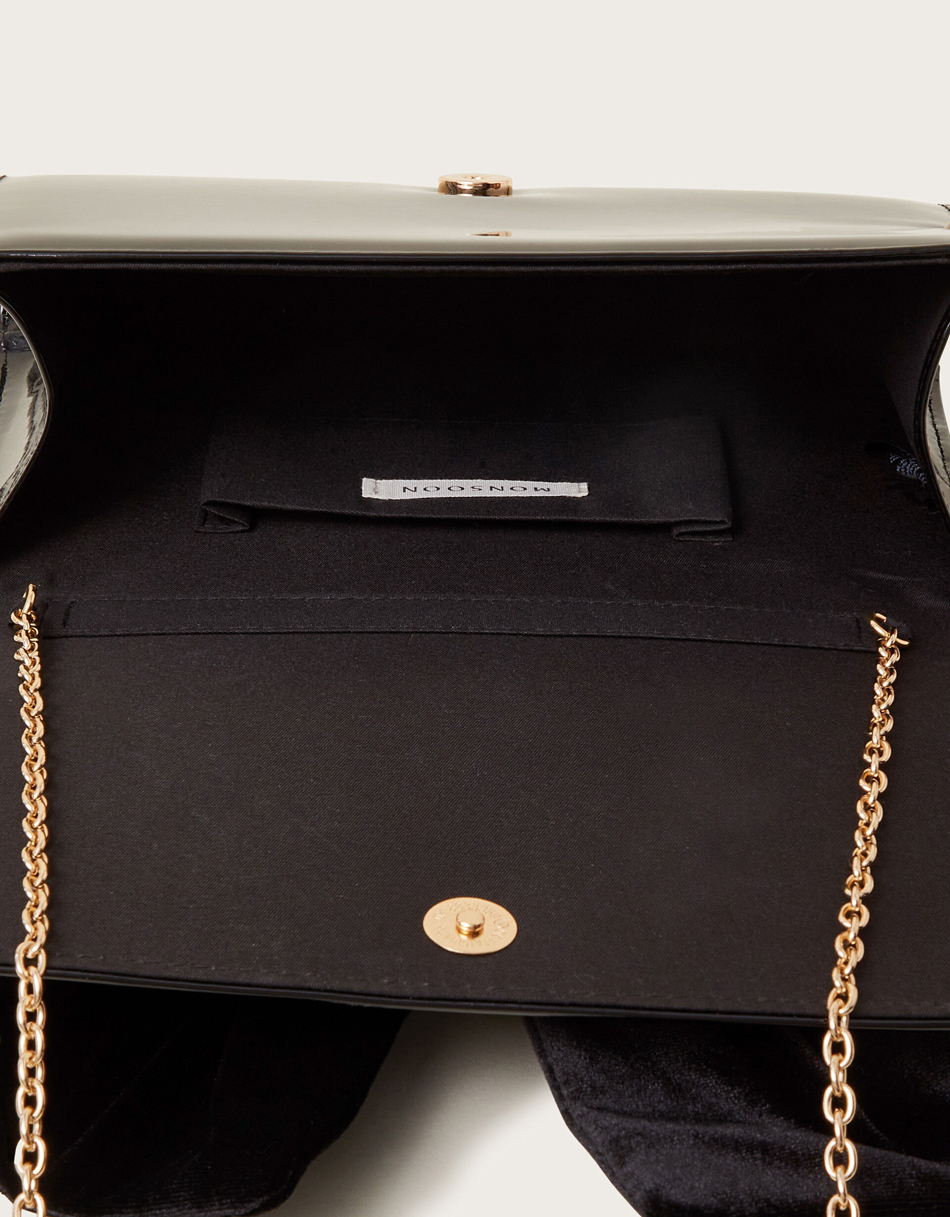 Paige Velvet Bow Patent Clutch Bag Black Occasion Bags Monsoon UK
