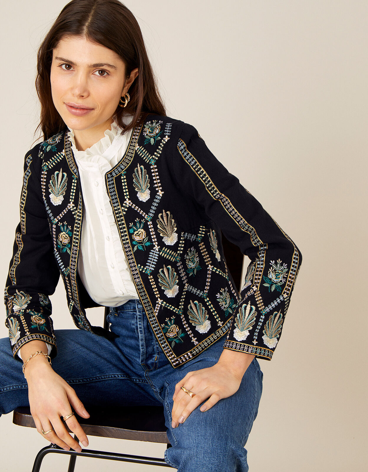 Embroidered Cropped Jacket with Organic Cotton Black