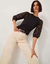 Flavia Sheer Appliqué Sleeve Jersey Top, Black (BLACK), large