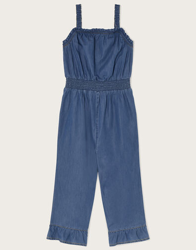 Chambray Frill Hem Jumpsuit, Blue (BLUE), large