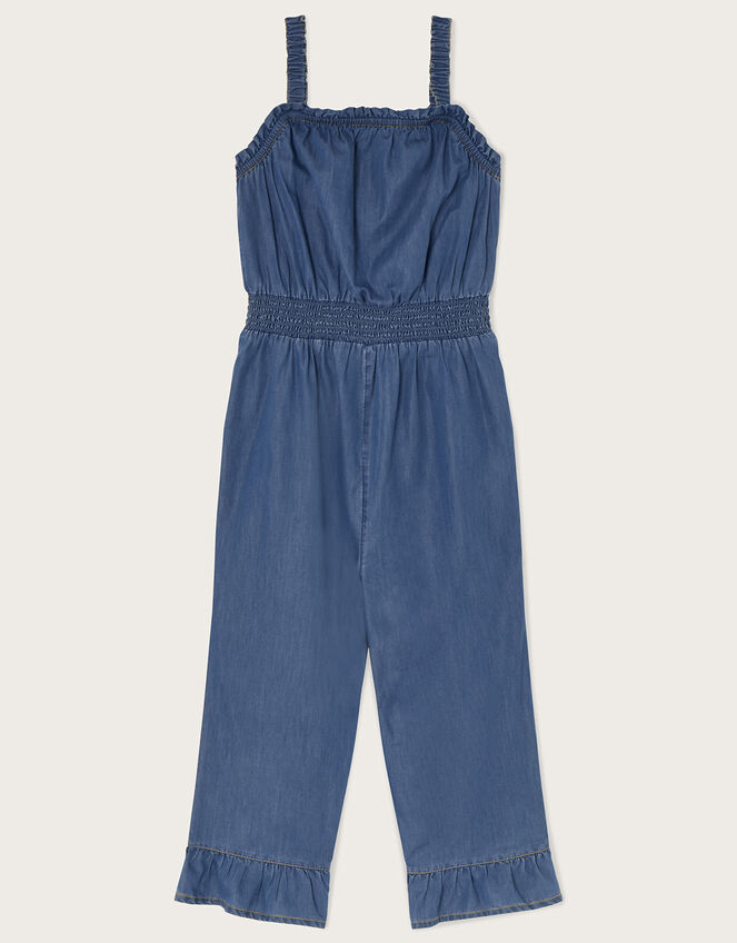 Chambray Frill Hem Jumpsuit Blue