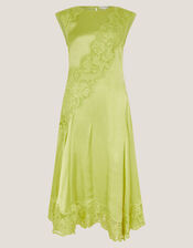 Ingrid Embroidered Satin Midi Dress, Green (CHARTREUSE), large