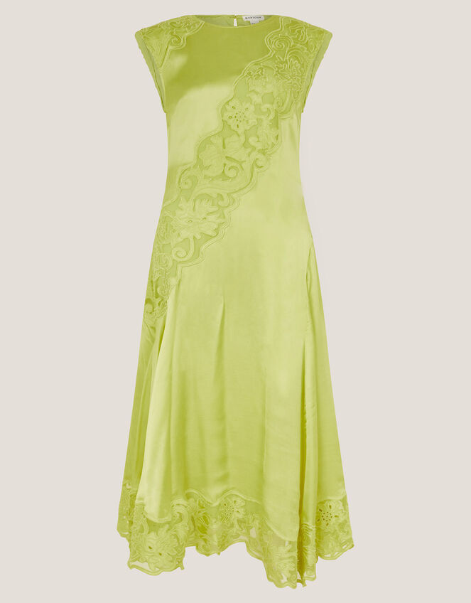 Ingrid Embroidered Satin Midi Dress, Green (CHARTREUSE), large