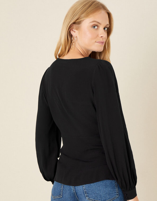 Lace Trim Long Sleeve Blouse, Black (BLACK), large