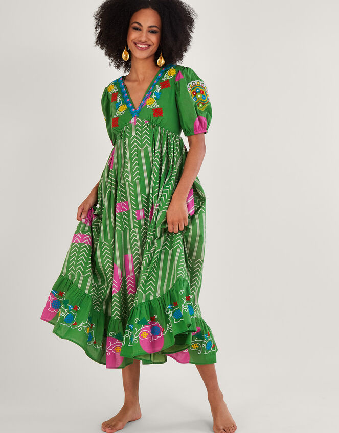 Embroidered Chevron Artisanal Dress Green