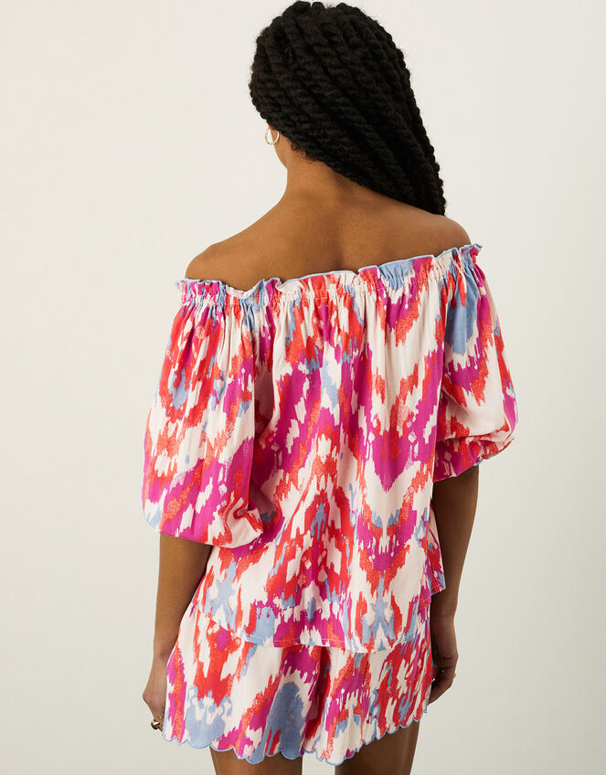 Ikat Print Bardot Off-Shoulder Top, Pink (PINK), large