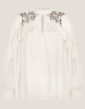 Debbie Embellished Polka Dot Ruffle Blouse, Ivory (IVORY), large