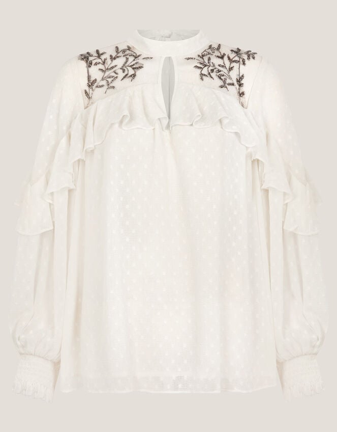 Debbie Embellished Polka Dot Ruffle Blouse, Ivory (IVORY), large