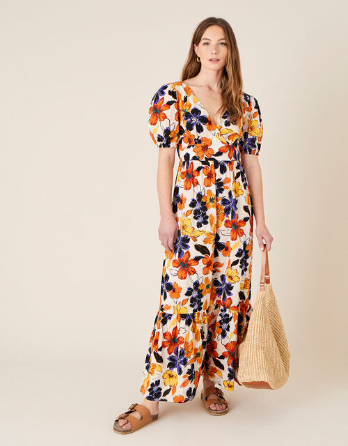 Floral Maxi Dress in Pure Cotton, Orange (ORANGE), large
