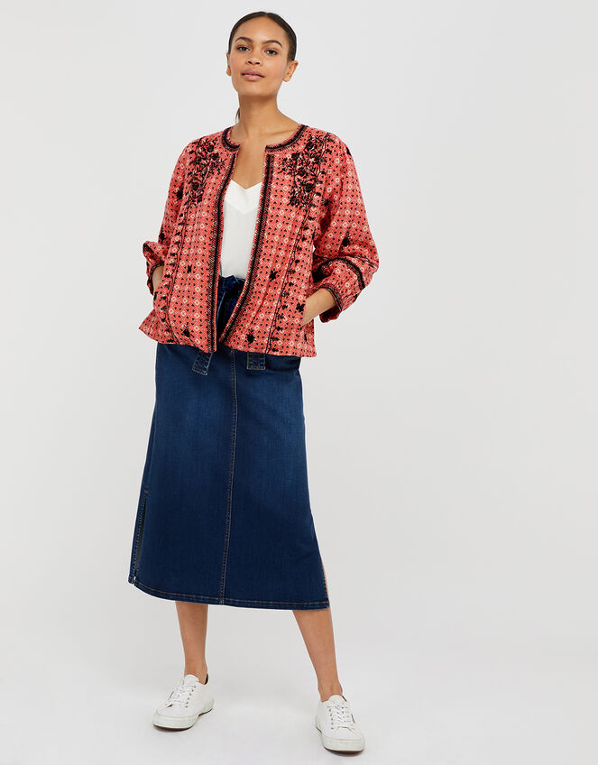 Lilla Embroidered Jacket in Organic Cotton, Orange (CORAL), large