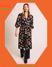 Traffic People Floral Puff Sleeve Duster Coat, Black (BLACK), large