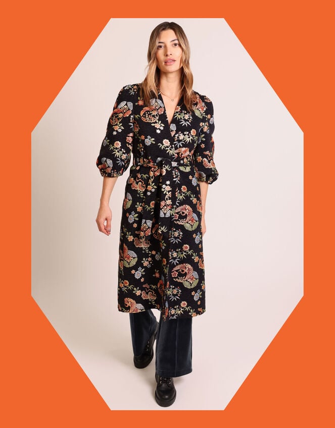 Traffic People Floral Puff Sleeve Duster Coat, Black (BLACK), large