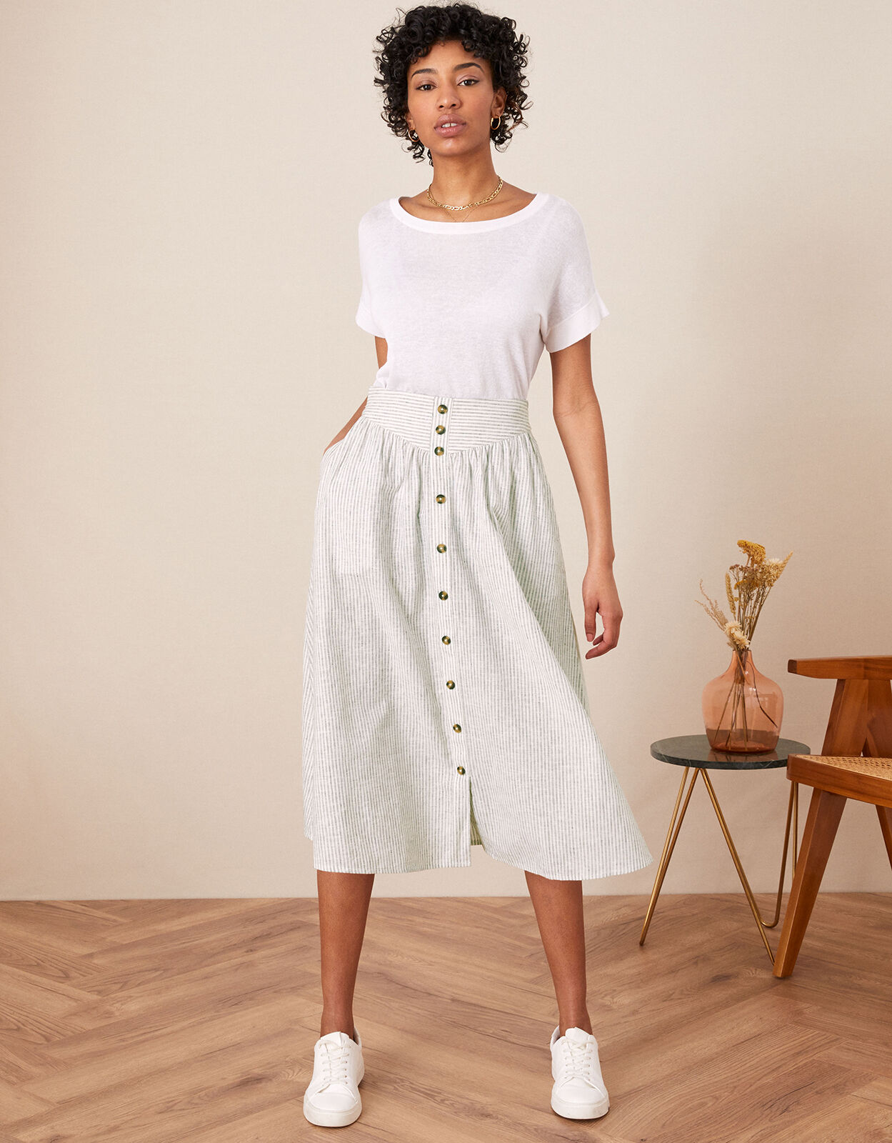 Fine Stripe Button Through Skirt Ivory Skirts Monsoon UK