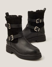Leya Shearling Leather Biker Boots, Black (BLACK), large