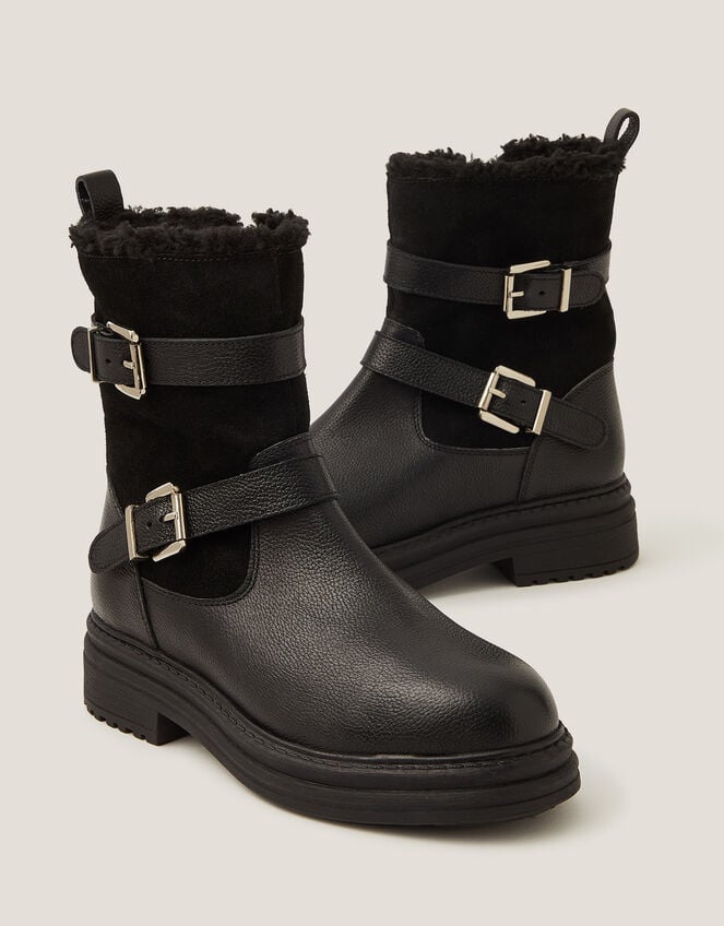 Leya Shearling Leather Biker Boots, Black (BLACK), large