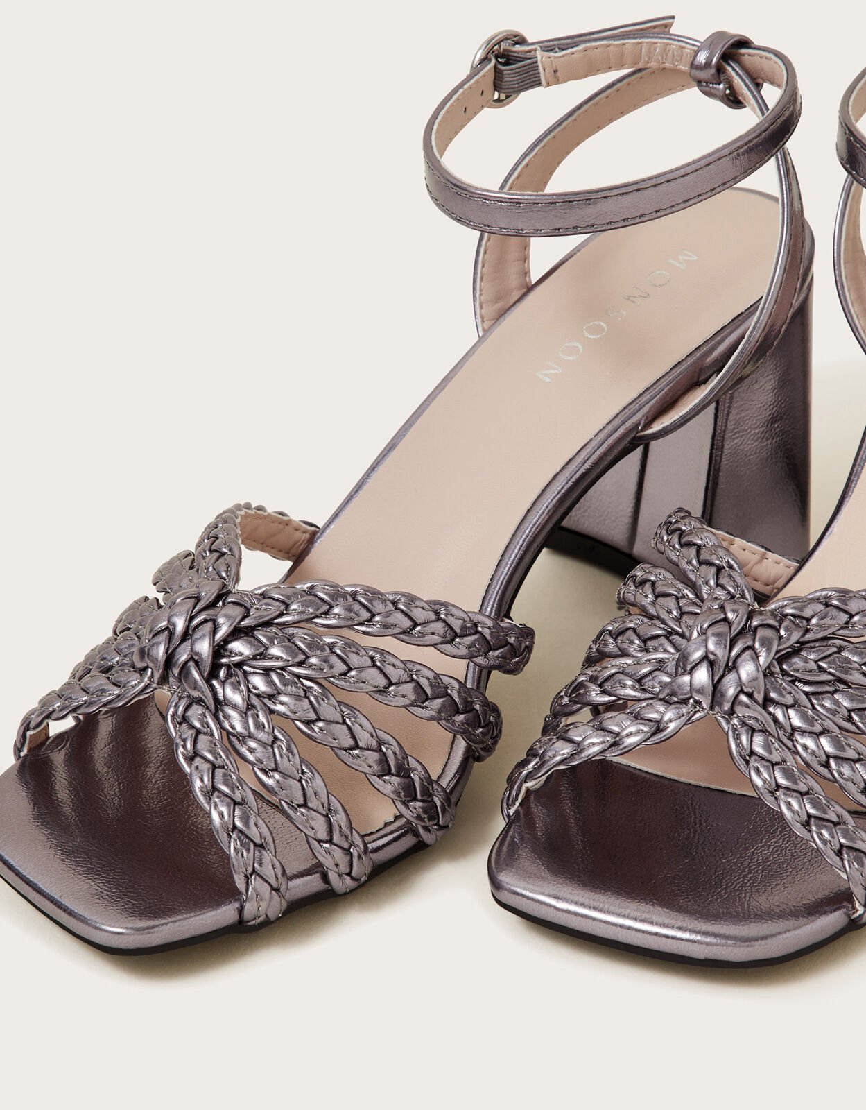Plaited Block Heel Sandals Silver Occasion Shoes Monsoon UK