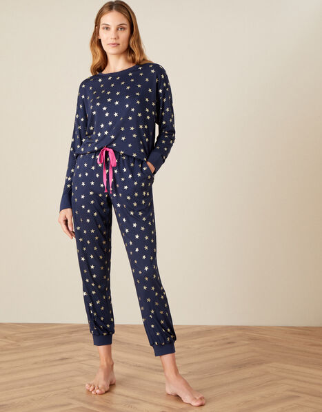 Foil Star Print Pyjama Set Blue, Blue (NAVY), large