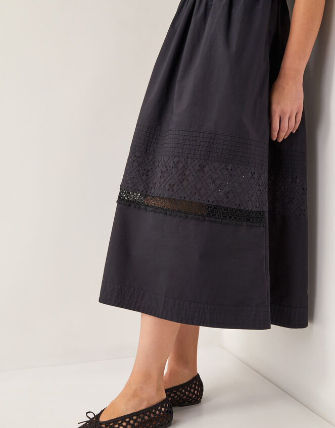 Odilia Broderie Puff-Sleeve Midi Dress, Black (BLACK), large