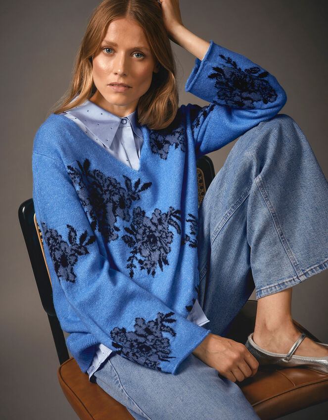 Jess V-Neck Floral Jacquard Jumper, Blue (BLUE), large