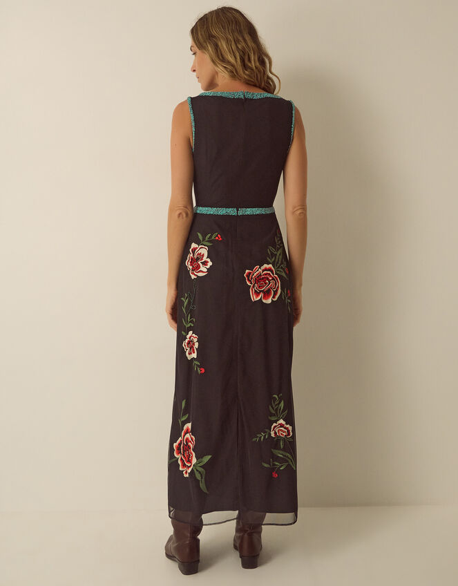 Luna Sleeveless Floral Embellished Mesh Midi Dress, Black (BLACK), large