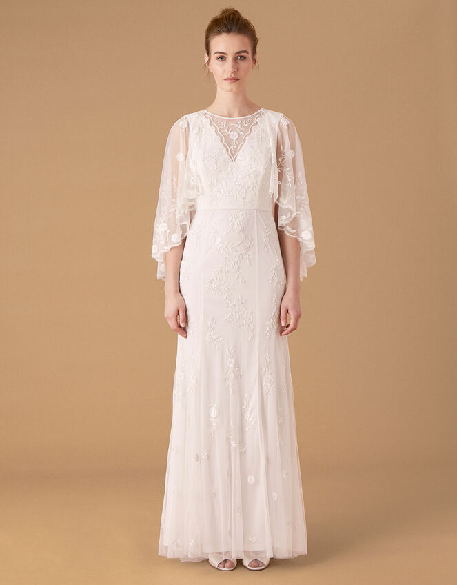 Zoey Floral Cape Bridal Dress, Ivory (IVORY), large