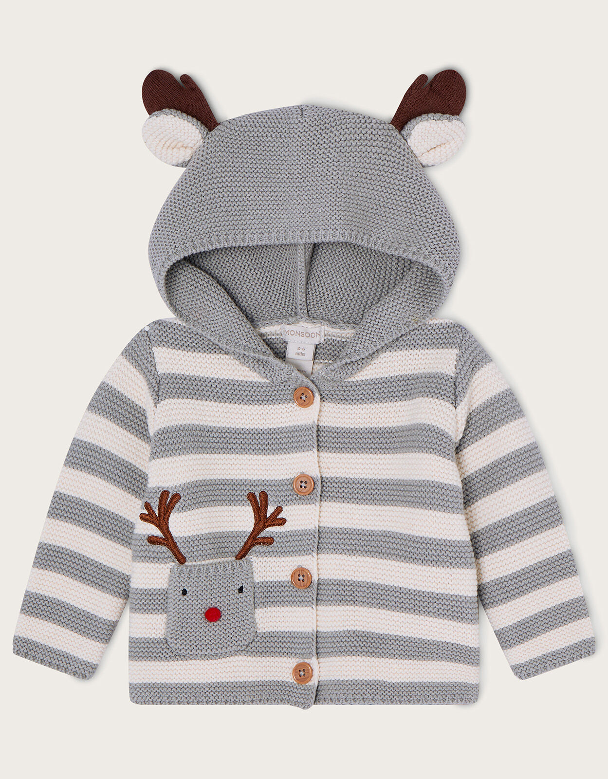 Newborn Rory Reindeer Stripe Knit Cardigan Grey