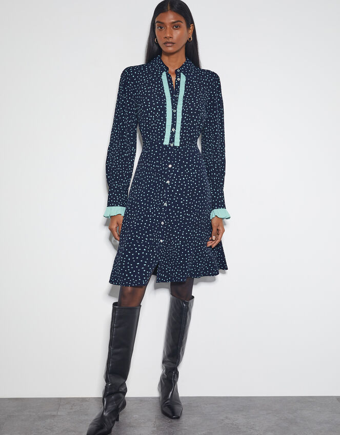 Novie Polka Dot Mini Shirt Dress, Blue (NAVY), large