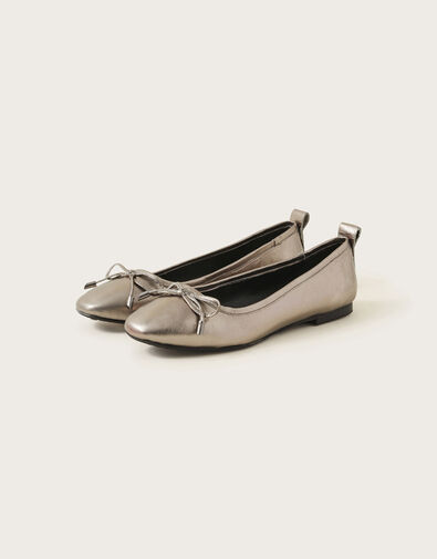 Metallic Leather Ballet Flats, Pewter (PEWTER), large