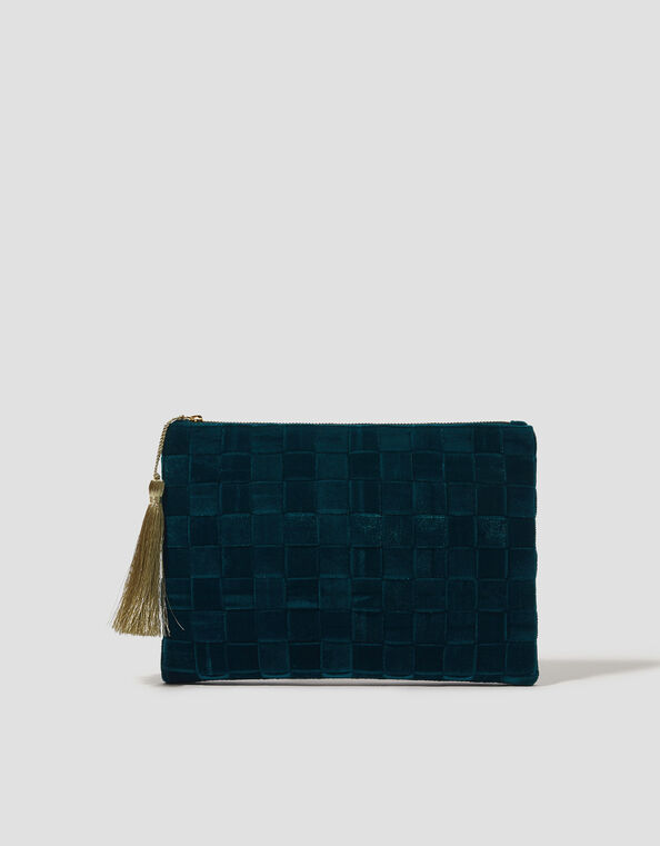 Woven Velvet Zip Pouch, Teal (TEAL), large