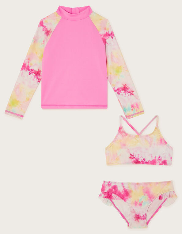 Tie Dye Long Sleeve Swim Top and Bikini Set, Pink (PINK), large