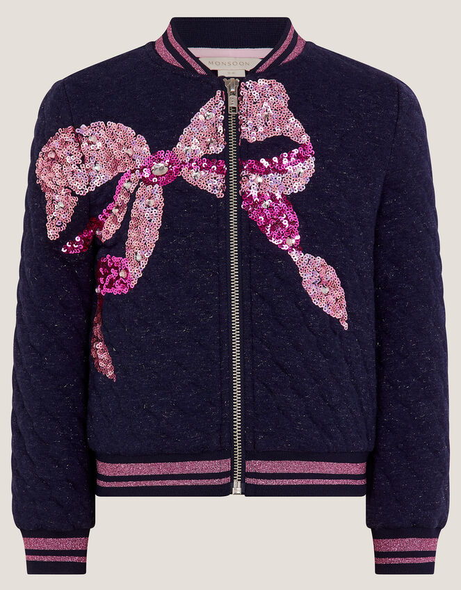 Sequin Bow Bomber Jacket, Blue (NAVY), large