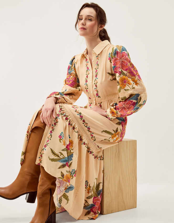 Rosaleigh Long Sleeve Floral Maxi Dress, Cream (CREAM), large