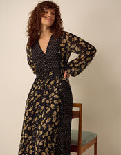 Clemence Amelie Long Sleeve Contrast Print Midi Dress, Black (BLACK), large