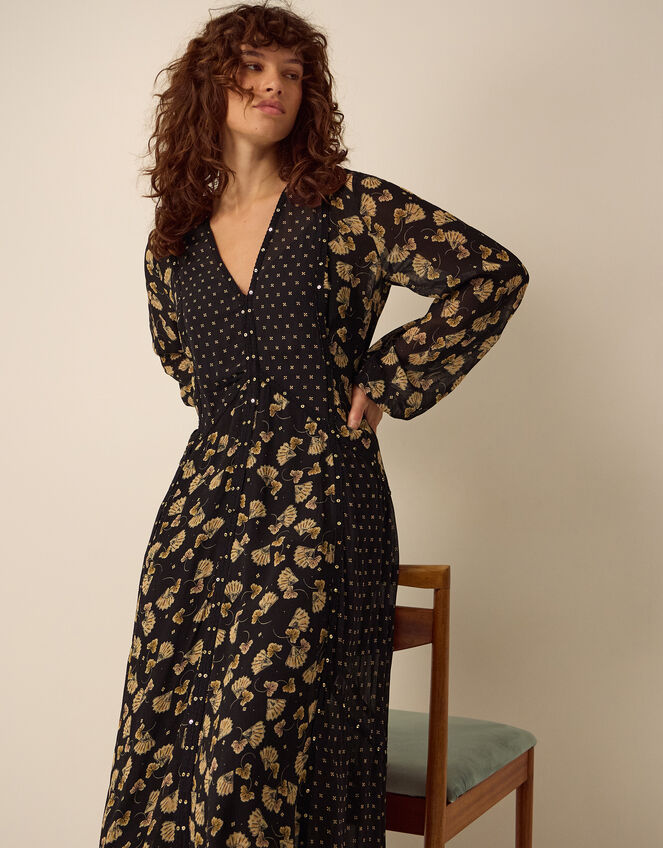 Clemence Amelie Long Sleeve Contrast Print Midi Dress, Black (BLACK), large