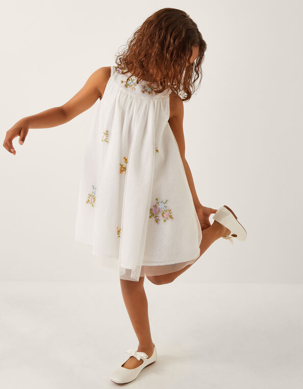 Aria Sleeveless Floral Broderie Dress, Ivory (IVORY), large