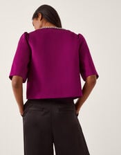 Saira Embellished Short Sleeve Satin Jacket, Pink (MAGENTA), large