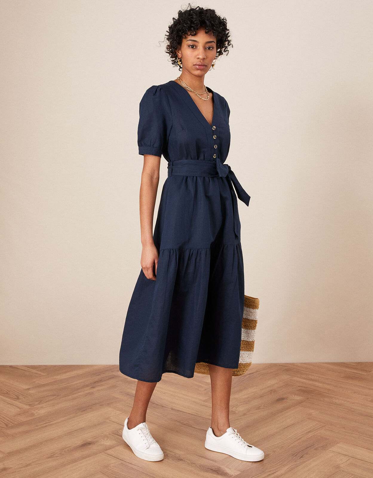 Plain Midi Dress in Linen Blend Blue